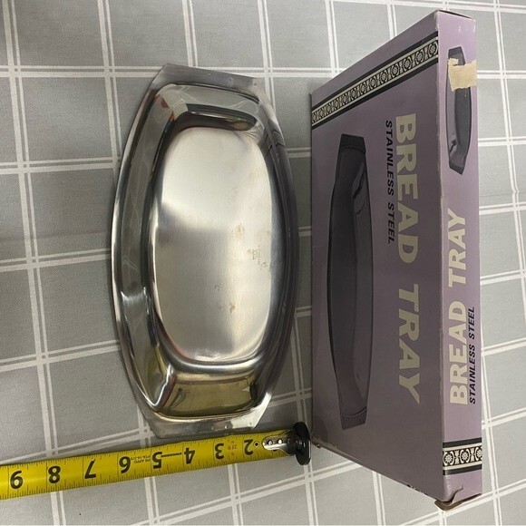 Vtg MCM 50s Bread Tray Tulip Pattern Handles Stainless Steel Serving Dish Tray - Picture 4 of 8